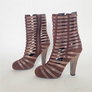 NEW Bottega Venetta brown reptile embossed woven strappy ankle boots 37